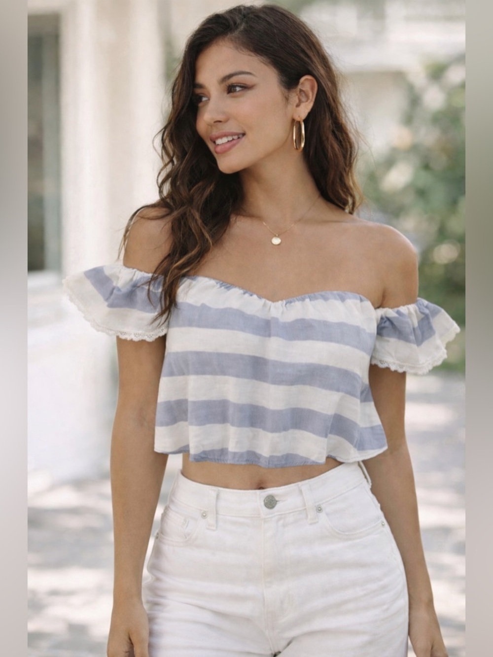 Jealous Tomato | Blue White Sweetheart Neckline Off Shoulder Crop Blouse -Size S